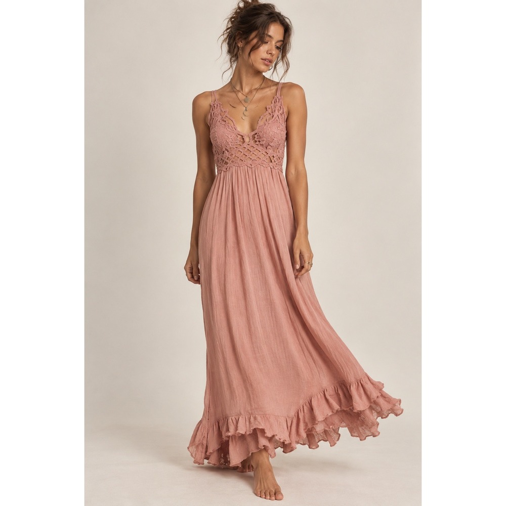 Free People FP One Adella Maxi Dress Medium Dusty Rose Lace Boho Fairycore